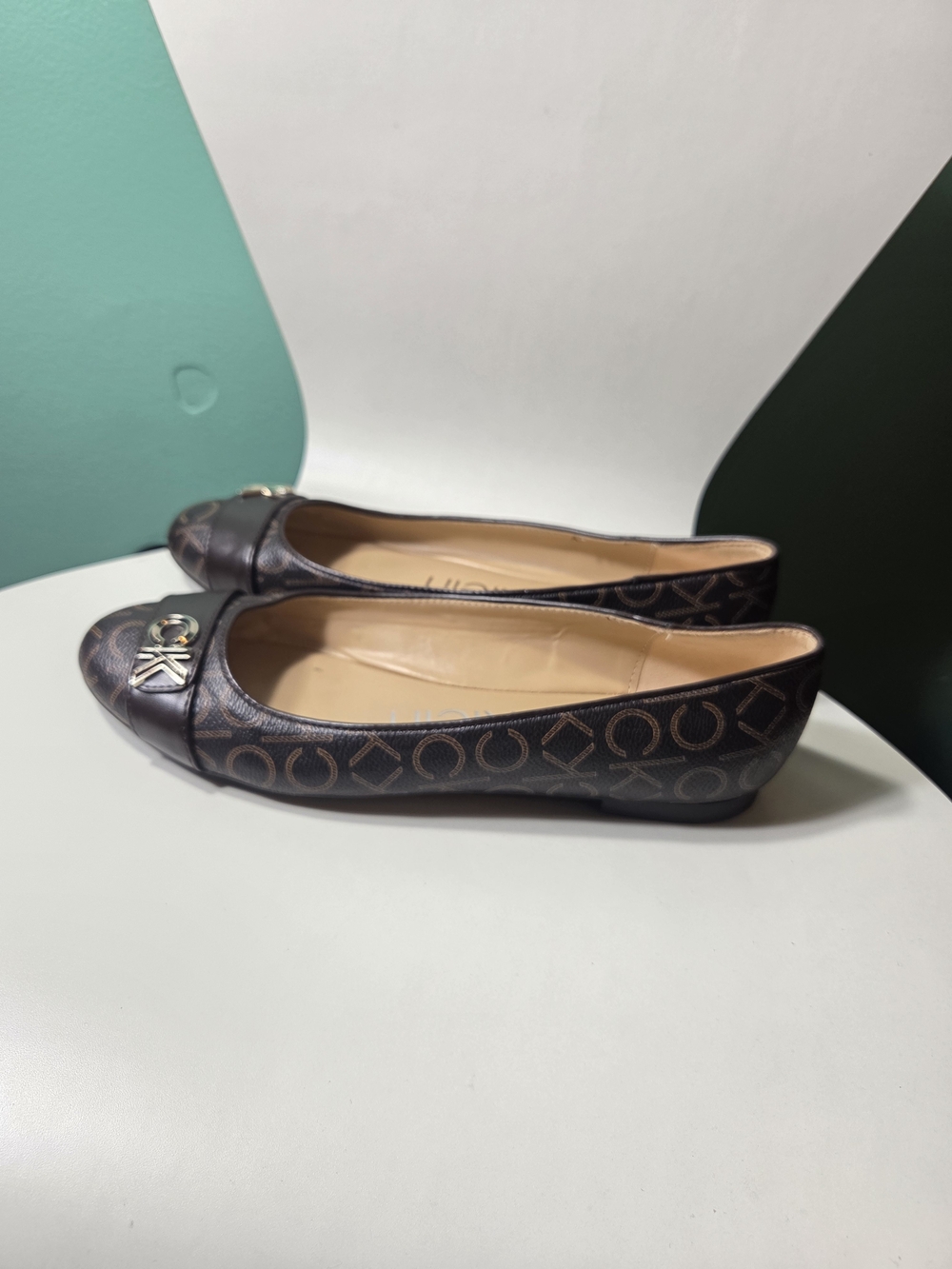 Calvin Klein Brown Monogram Ballet Flats with Gold Accent